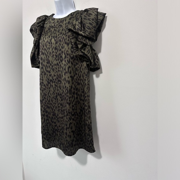 THML Give You A Look Olive Green Leopard Shift Dress Ruffle Sleeves - Picture 4 of 8